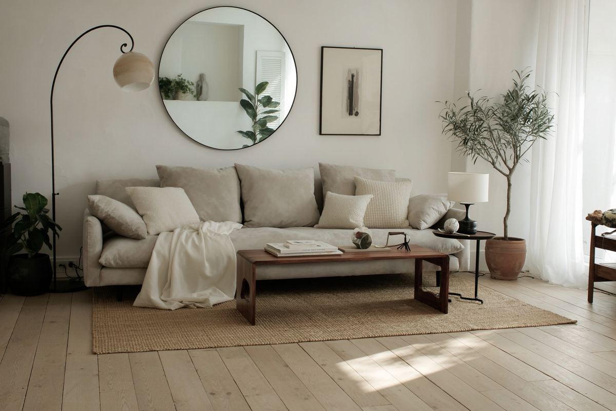 Sunlit living room with a linen sofa, arc floor lamp and round wall mirror