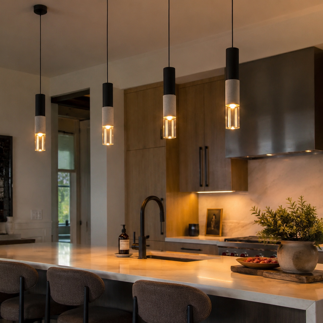 Three Varo concrete pendant lights hung in a row above a dining surface