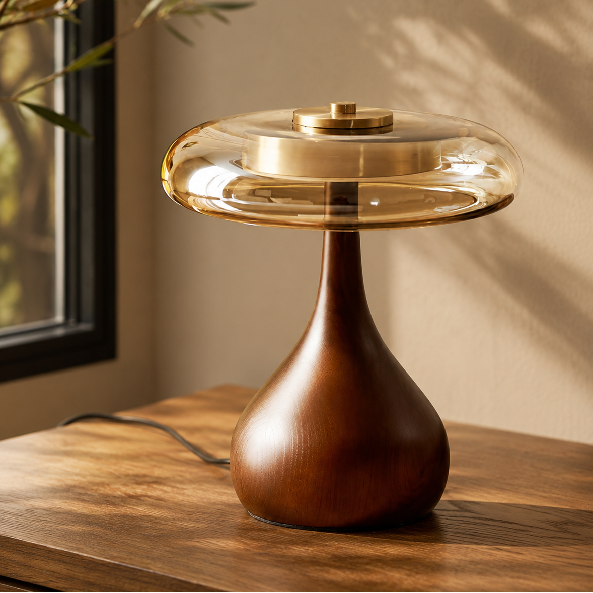 Veyra modern table lamp shown at an angle showing its full silhouette