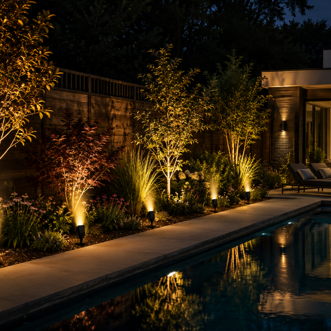 Solara outdoor spotlight illuminating a wall at night