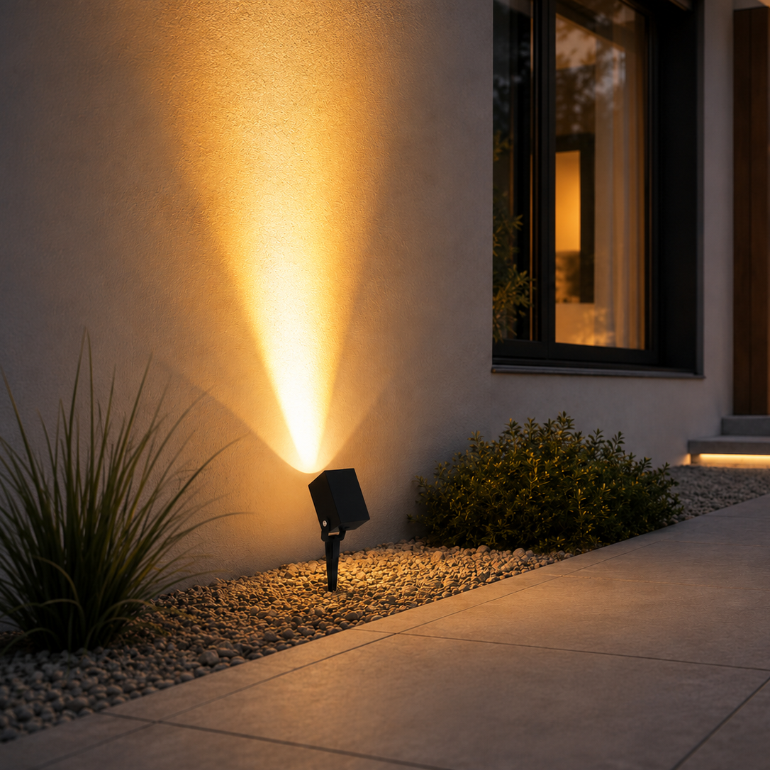Solara waterproof spotlight positioned along a garden path