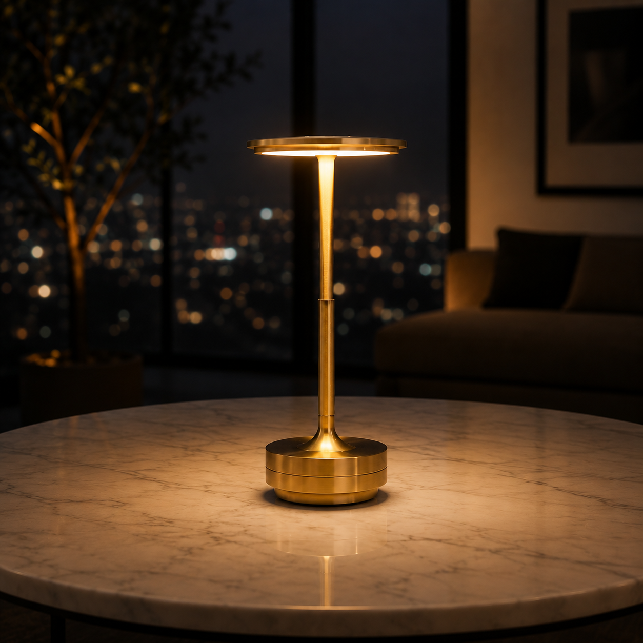 Luma Dish cordless lamp on a desk beside books and a notebook