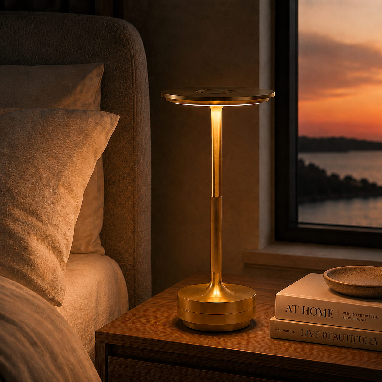 Close view of the Luma Dish lamp base and USB-C charging port