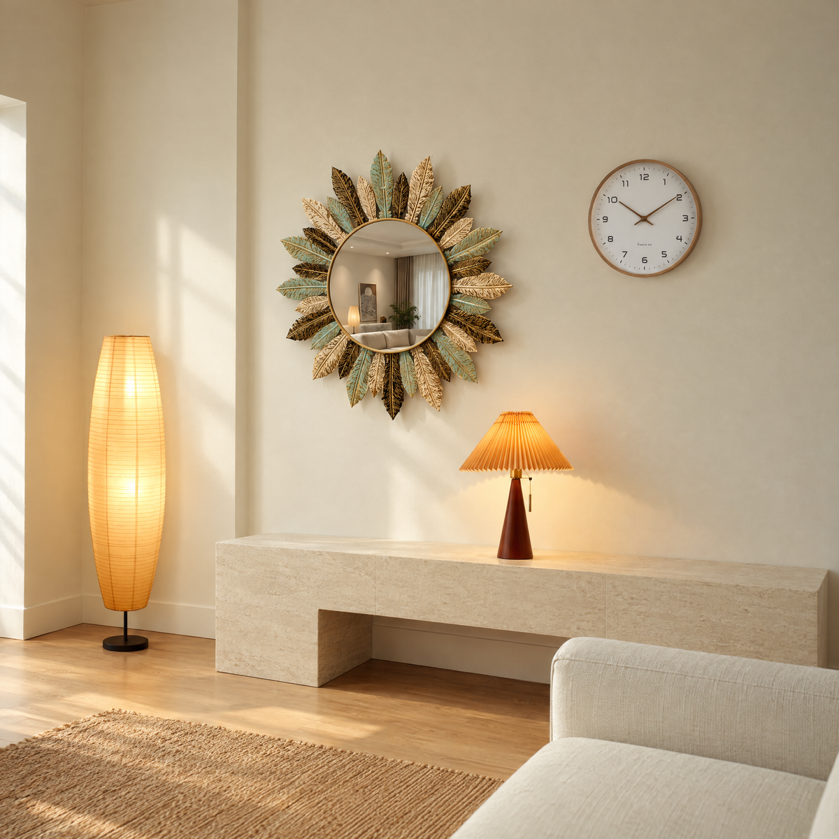 Sunlit living room with the Rice Paper Column Floor Lamp, Sunburst Metal Wall Mirror, Nordic Wood Frame Wall Clock and Pleated Shade Wood Table Lamp