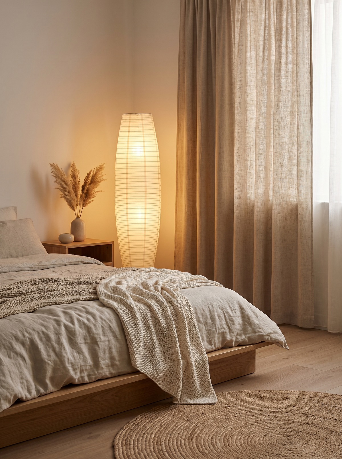 Rice Paper Column Floor Lamp in a bedroom corner