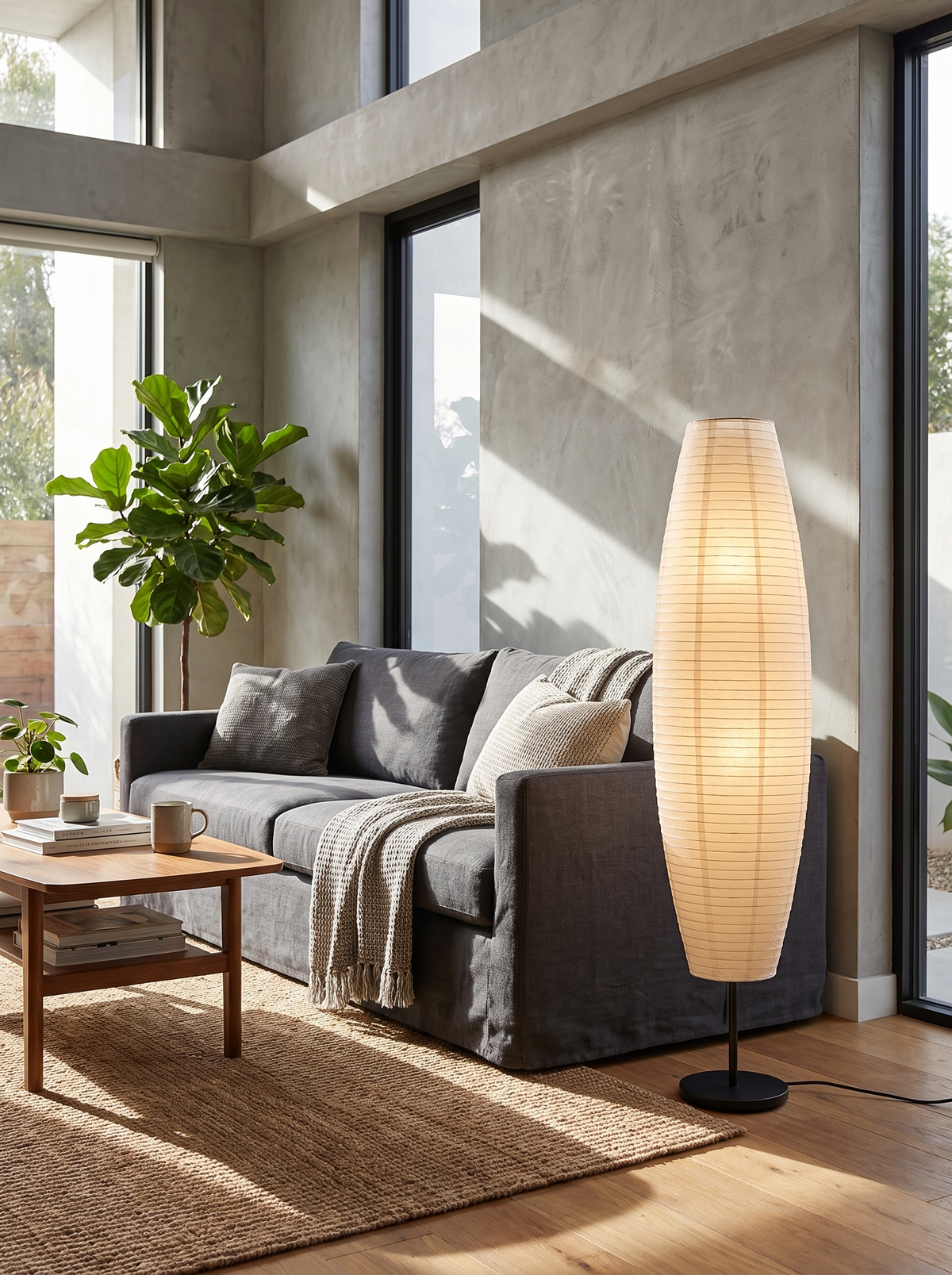 Rice Paper Column Floor Lamp in a modern living room