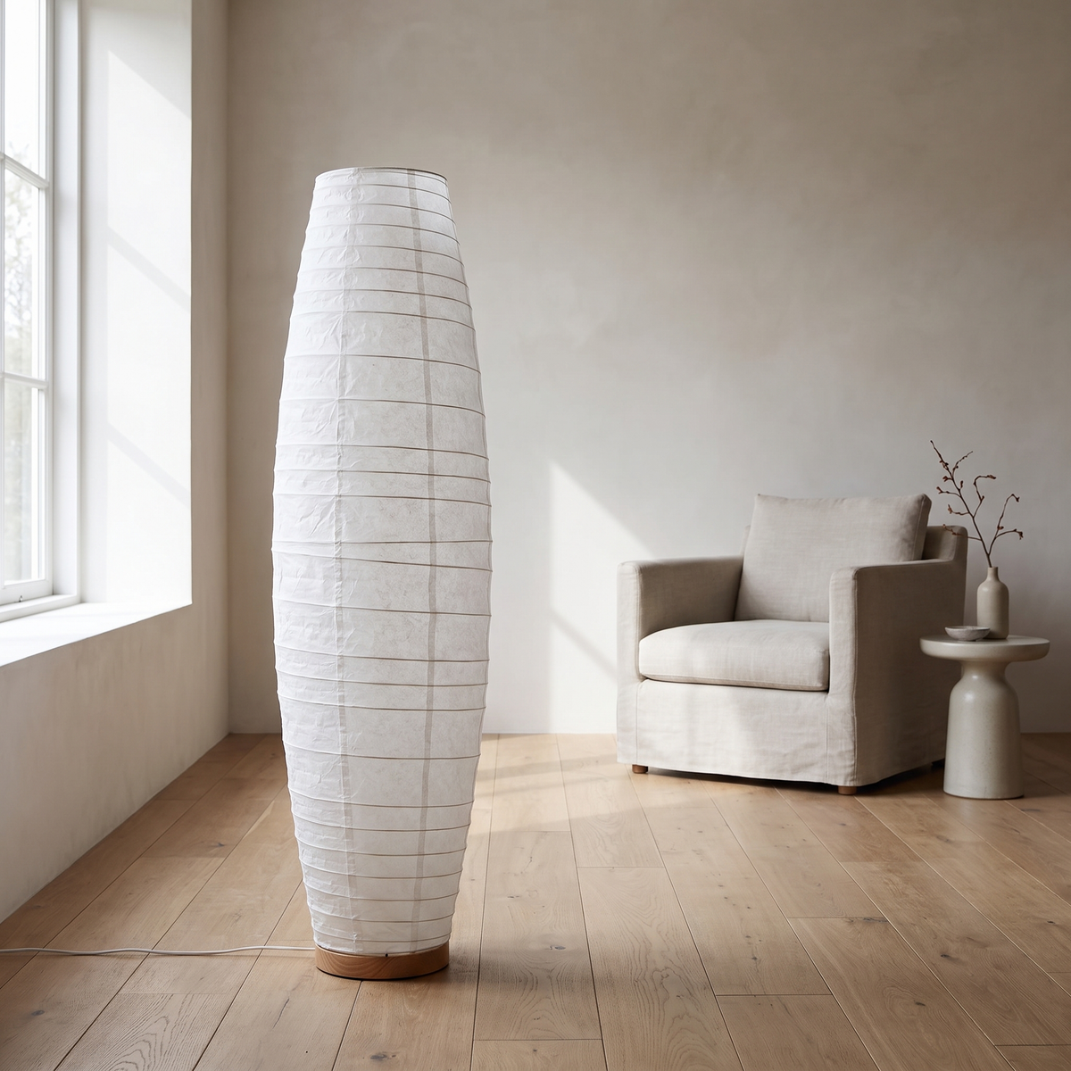 Rice paper floor lamp unlit in daylight showing its form