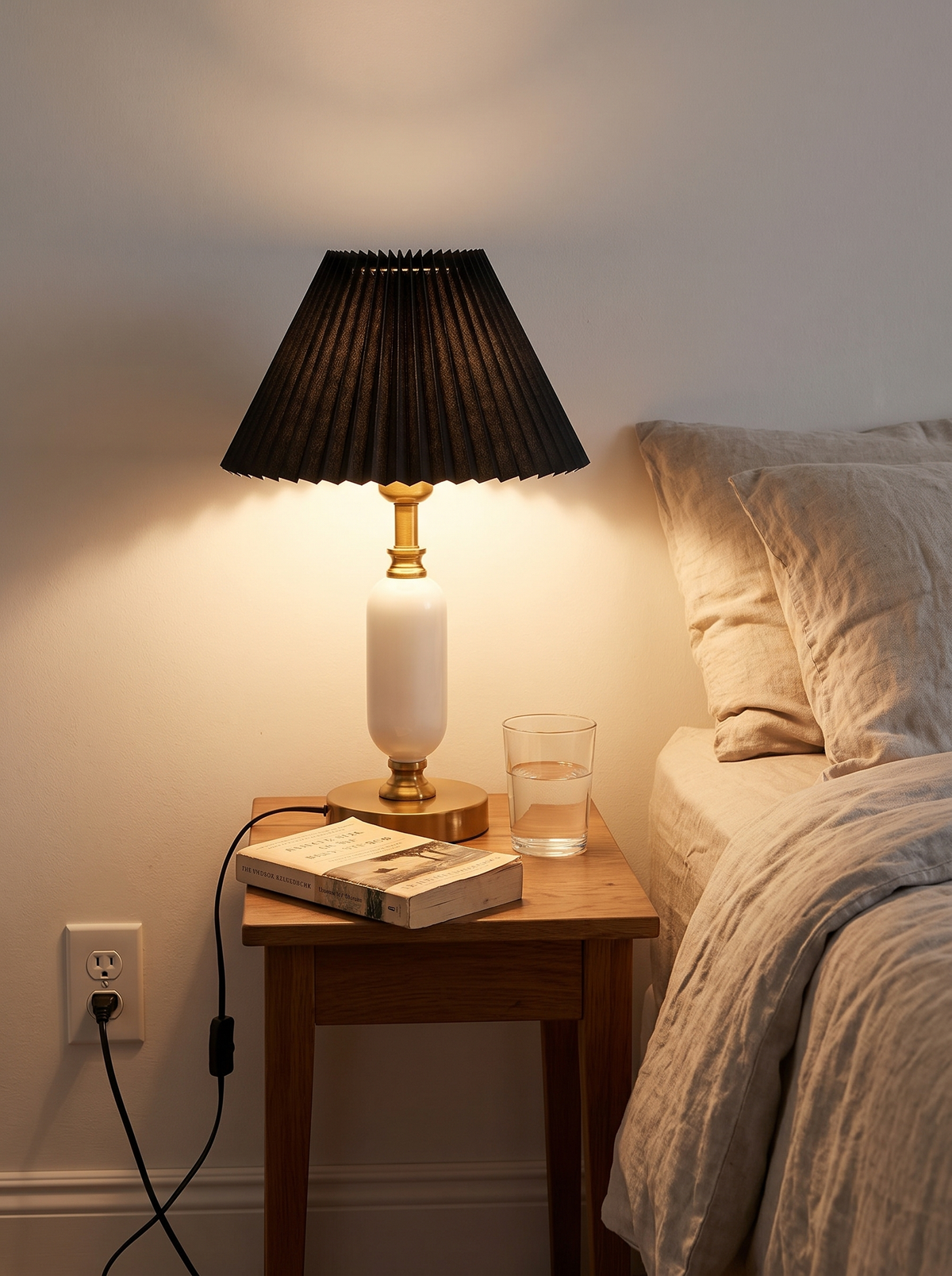 pleated shade table lamp installed and in use at true scale
